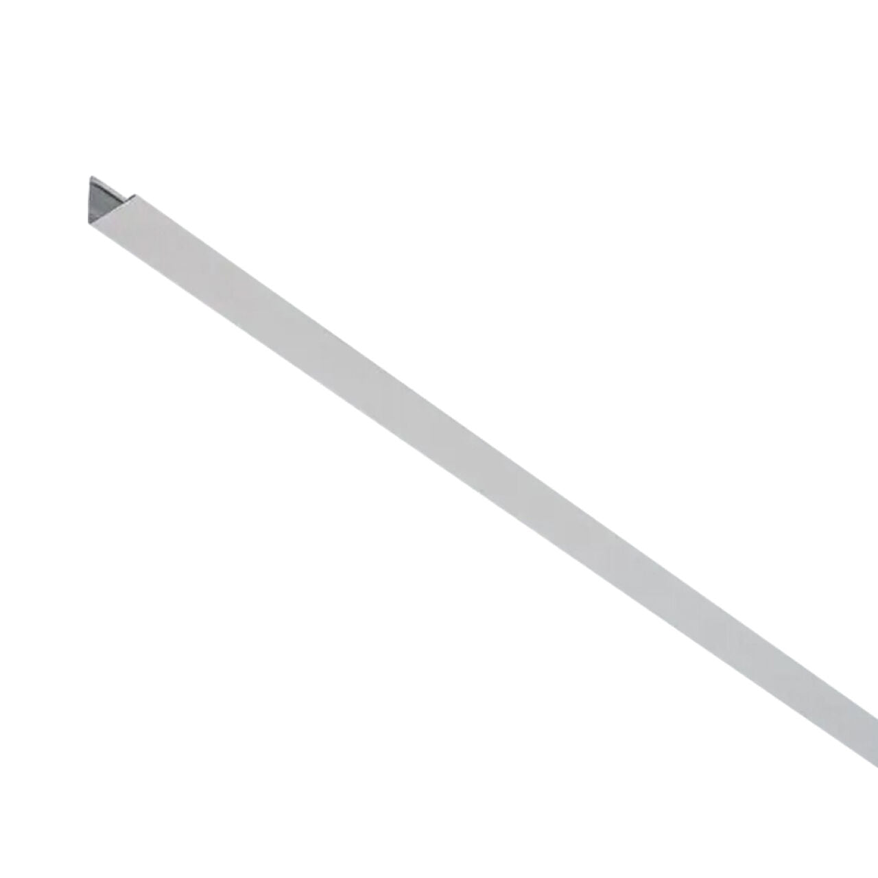 A 12 ft. Wall Angle Molding (case of 30) by Go Build, The Fastest Way To Build, features a long, thin, silver galvanized steel strip with a triangular profile, shown on a white background.